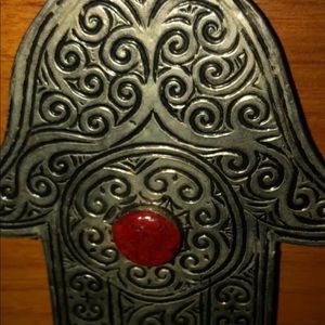 Handcrafted Moroccan-made Hamsa Hand wall decor with authentic Berber stone.